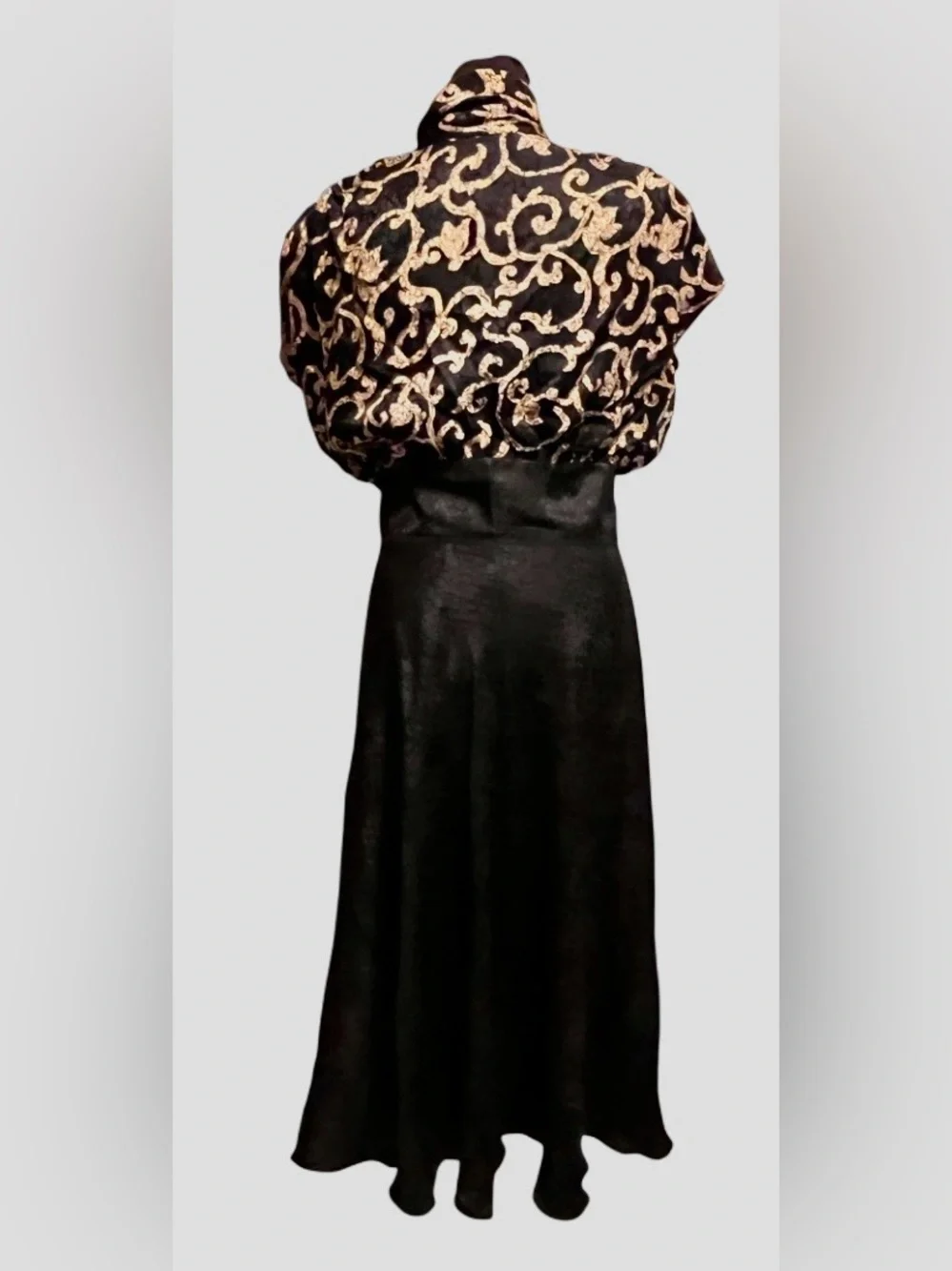 Vintage Maggy London Silk Maxi Dress with Gold Scroll Print Bodice